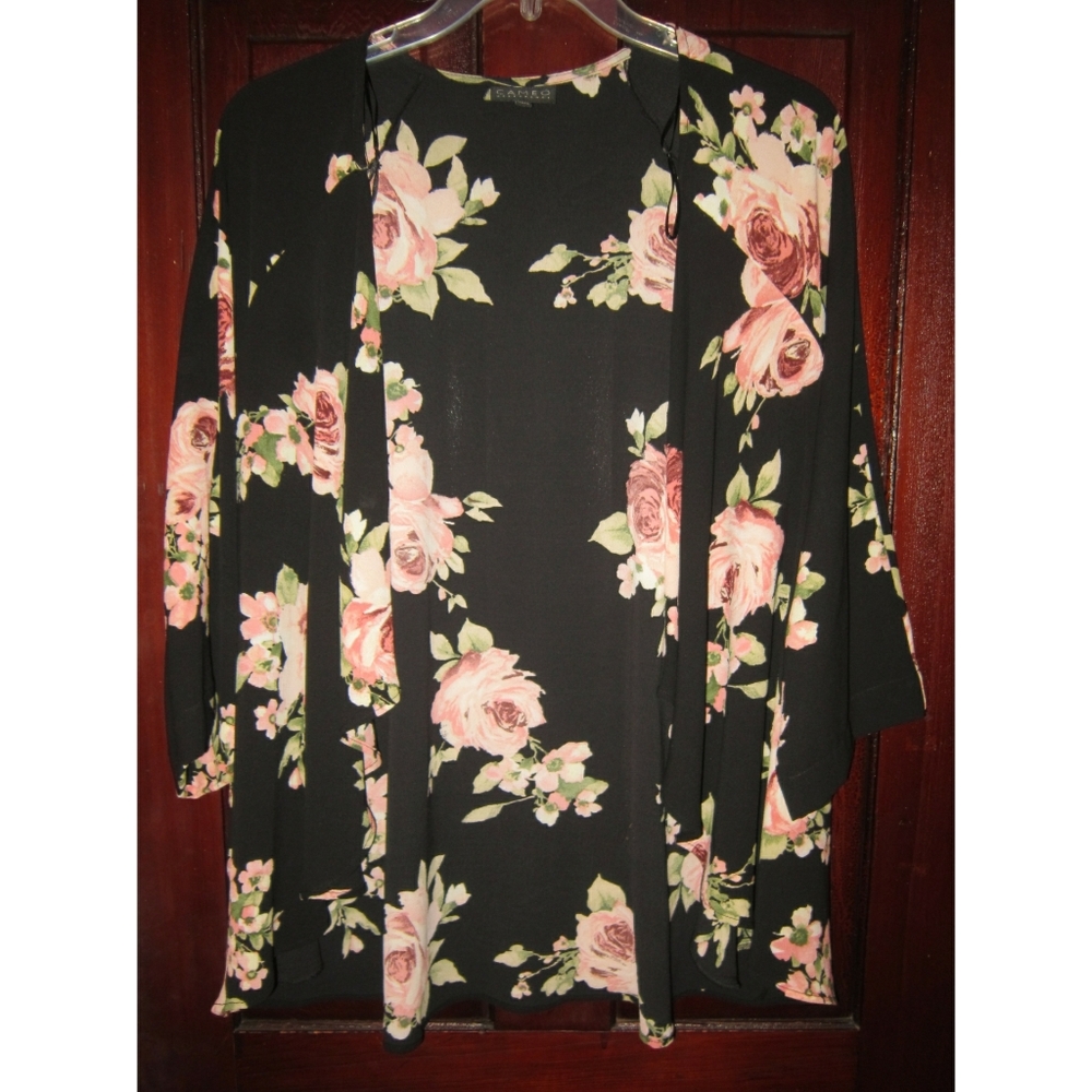 Cameo Appearances Plus 2X Kimono Topper Blouse Jacket Floral Print Pockets Roses